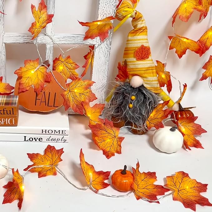 AKIT Maple Leaves Garland Fall Decor Outdoor String Lights Waterproof 45 LED String Lights with Timer, Fall Garland Leafs Lights Fall Decorations for Home Thanksgiving Decor Indoor