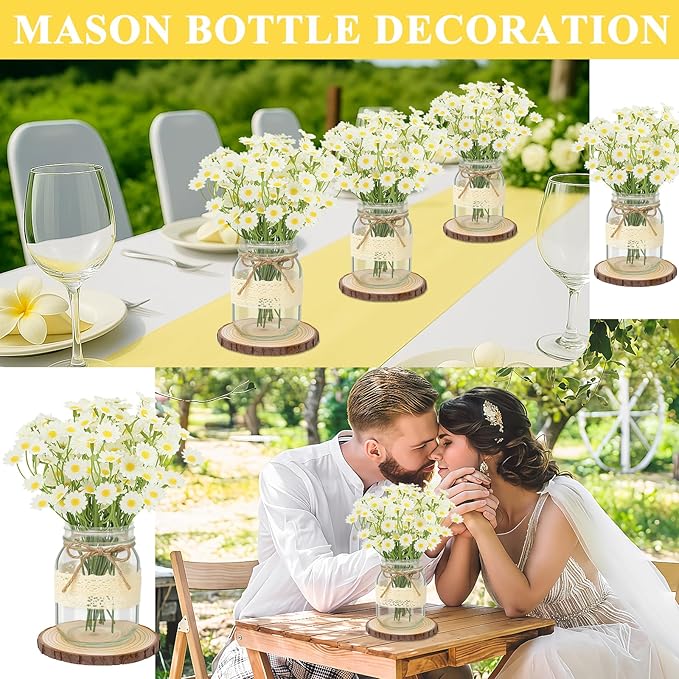 Set 6 Mason Jar Table Centerpiece - Wedding Centerpieces for Tables, Mason Jar Flower Centerpiece Vases Decor- Boho Farmhouse Rustic for Engagement, Bridal Shower, Wedding, Versatile Decor (Chamomile)