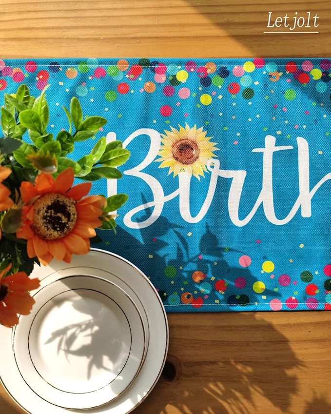 Letjolt Happy Birthday Table Runner 72 Inches Birthday Centerpieces for Tables Birth Day Party Sign Polka Dots Table Decoration, Blue