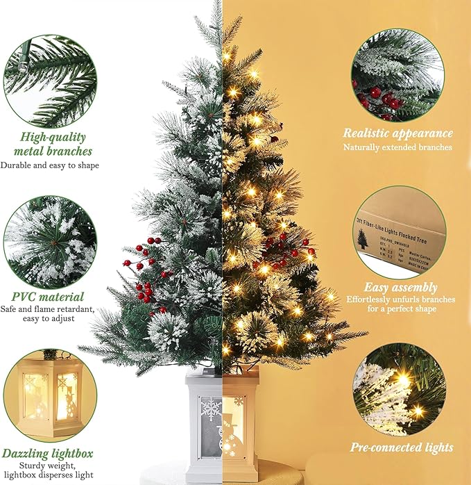 3 ft Mini Christmas Tree with Premium 78 Warm White Led, 8 Mode Xmas Pine Tree for Christmas Decoration, Party Decoration, Home, Office, Snow Flocked White Base 2 Pack