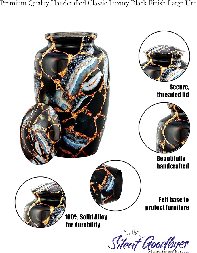 Memorial Cremation Urns for Human Ashes | Handcrafted Large Burial Marble Finish Adult Cremation Urn, Funeral Decorative Urns for Female & Male | 200 lbs with Velvet Bag (Luxury Black)