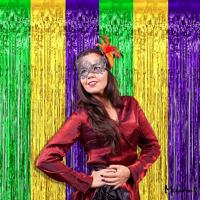 4 Pack 3.2Ft x 9.8Ft Mardi Gras Fringe Curtain Backdrop, Gold Green Purple Metallic Tinsel Foil Fringe Streamers Curtains Background for Photo Booth Birthday Wedding Carnival Party Decorations