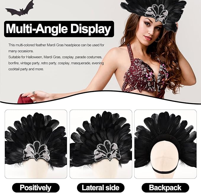 Women's Carnival Feather Headpieces Sequin Headdress for Wedding Masquerade Party Cosplay Feather Headbands