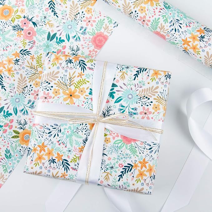 WRAPAHOLIC Floral Wrapping Paper Roll - Mini Roll - 17 Inch x 33 Feet - Spring Summer Garden Flower Design Perfect for Wedding, Bridal Shower, Birthday, Baby Shower
