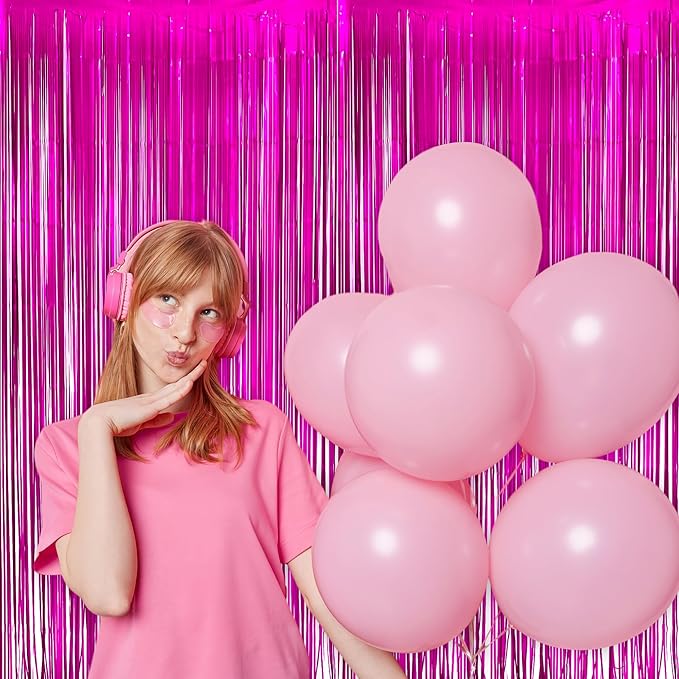 Hot Pink Party Streamers Backdrop - GREATRIL Shiny Fuchsia Tinsel Foil Fringe Curtain for Birthdays/Flamingo/Bachelorette/Galentine/Breast Cancer Awareness Decorations - 3.2ft X 8.2ft - 2 Packs