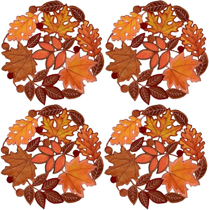 Simhomsen Set of 4 Embroidered Leaves Round Doily Place-mats Round 15 inches for Thanksgiving, Fall or Autumn Harvest Decorations