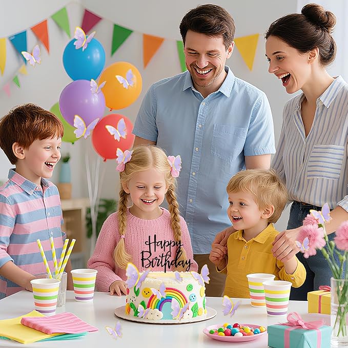 17PCS Happy Birthday Cake Toppers 3D Butterfly Cupcake Topper Pink Purple Gold Bow Cake Topper Birthday Party Decoration for Your Family and Friends