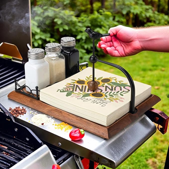 Solid Wooden Bird Napkin Holder for Table，Napkin Dispenser with Salt and Pepper Shakers, 2-in-1 Vintage Flat Paper Towel Holder for Bar, Kitchen & Dinning Room not Included Shakers