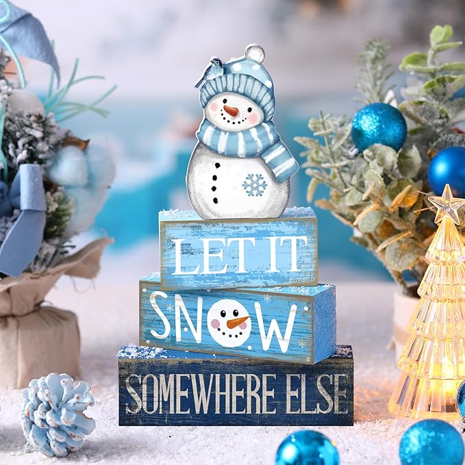 4 Pcs Snowman Christmas Table Decorations Winter Tiered Tray Decor Christmas Centerpiece Rustic Blue and White Decorative Snowman Block Sign Gift for Winter Wonderland Party Home Kitchen