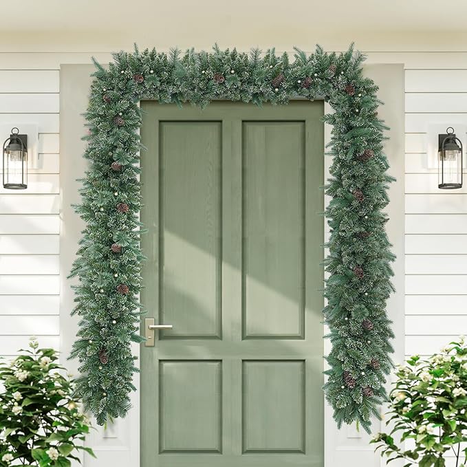 9FT Prelit Christmas Garland Decorations 50 White Light, Snow Xmas Garland with Lights, Pulg in, for Outdoor Indoor, Home Decoration Mantle Stairs Railing Fireplace Outdoor Indoor Door