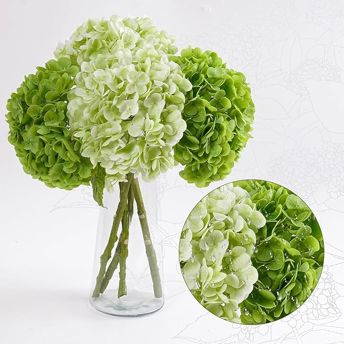 4 Pcs Hydrangea Artificial Flowers, Latex Real Touch Hydrangeas Lifelike Fake Hydrangea Flowers for Home Party Arrangements Wedding Bouquets Table Centerpieces Decor (2Dark Green&2Light Green)