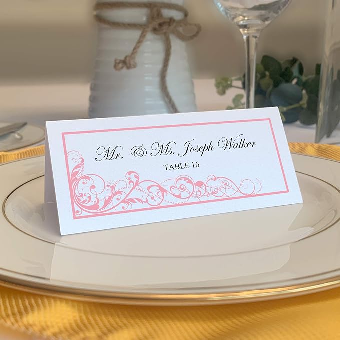 Scribble Vintage Swirl Place Cards, Pink (Choose Color), Set of 25, Pre-cut and Scored - Wedding, Party, Dinner, and Special Events - Made in the USA
