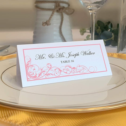 Scribble Vintage Swirl Place Cards, Pink (Choose Color), Set of 25, Pre-cut and Scored - Wedding, Party, Dinner, and Special Events - Made in the USA