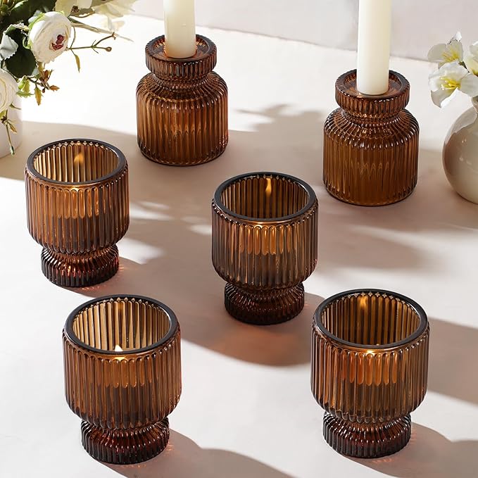 DARJEN 6 Pcs Amber Candlestick Holders - Glass Taper Candle Holders Tealight Votive Candle Holders for Table Centerpieces, Wedding, Dinner Party, Home, Gifts