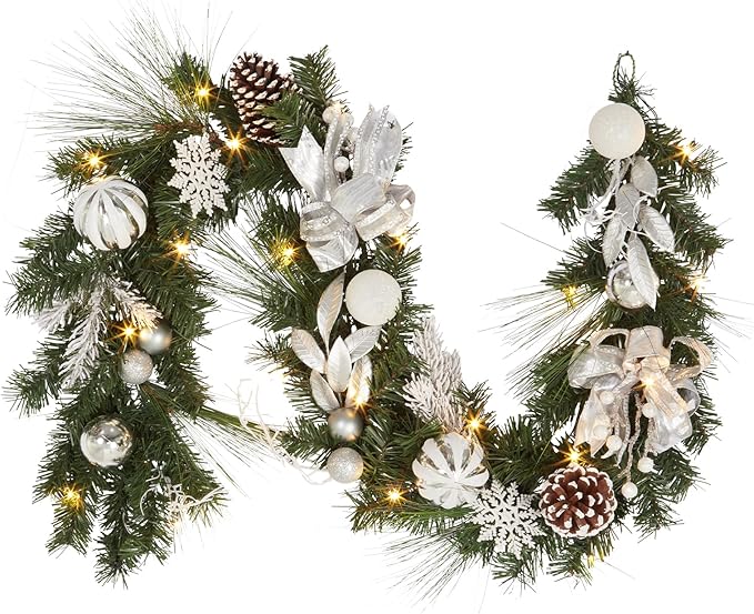 GarveeHome Christmas Garland with Lights for Mantle, 6 ft Battery Operated Silver White Xmas Garland with 20 LED Lights Timer Ribbon for Fireplace Stair Railing TV Stand Indoor Outdoor Holiday Decor