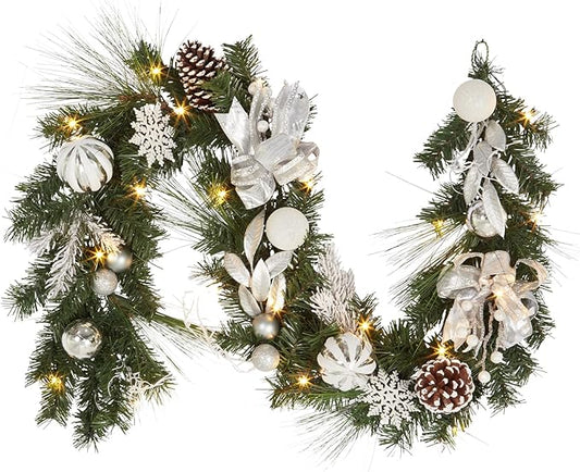 GarveeHome Christmas Garland with Lights for Mantle, 6 ft Battery Operated Silver White Xmas Garland with 20 LED Lights Timer Ribbon for Fireplace Stair Railing TV Stand Indoor Outdoor Holiday Decor