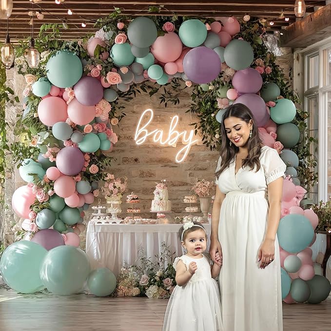 Pink Green Dusty Lavender Balloon Garland Double Stuffed Baby Blue Blush Pastel Latex Balloon Arch Kit for Gender Reveal Boho Baby Shower Birthday Wedding Floral Party Decorations