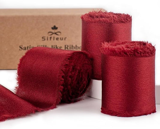 Satin Silk Ribbon, Red Christmas Ribbon for Wrapping, 1-1/2 inch x 15 Yd Handmade Frayed Fringe Ribbons, for Christmas Tree Holiday Birthday Valentine's Day Showers Crafts Bouquet, 3 Rolls