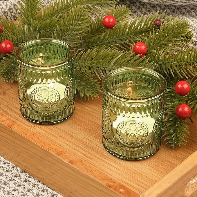 30pcs Votive Candle Holders for Christmas Decor, 2x2.5iInch Green Glass Tea Light Candle Holders for Winter Table, Green Votives for Wedding, Christmas, Party Decor & Gift-Giving
