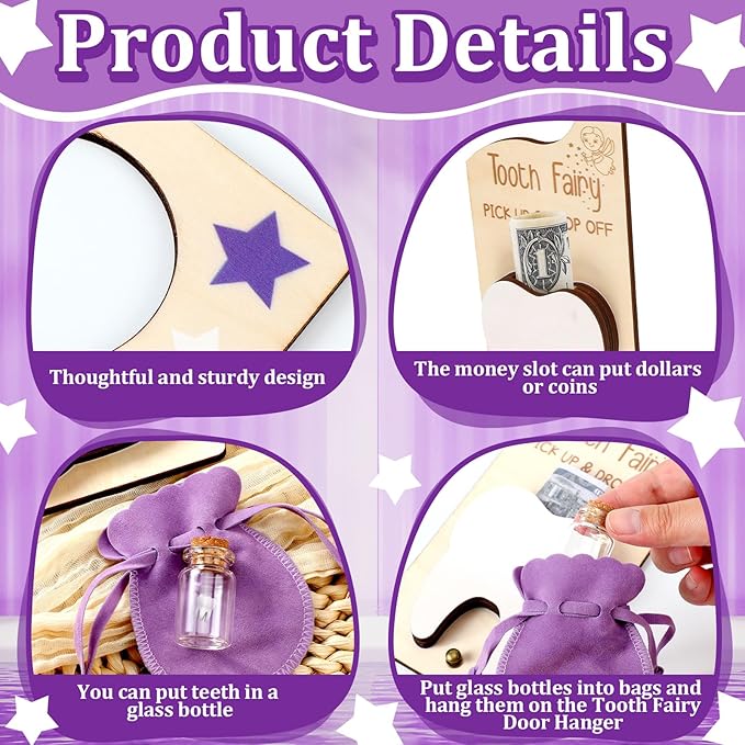Tooth Fairy Holder Bag Hanger with Money Slot Keepsake Bottle Velvet Pouch Tooth Fairy Box Encourage Gift for Lost Teeth Boy Girl Milk(Classic,Purple)