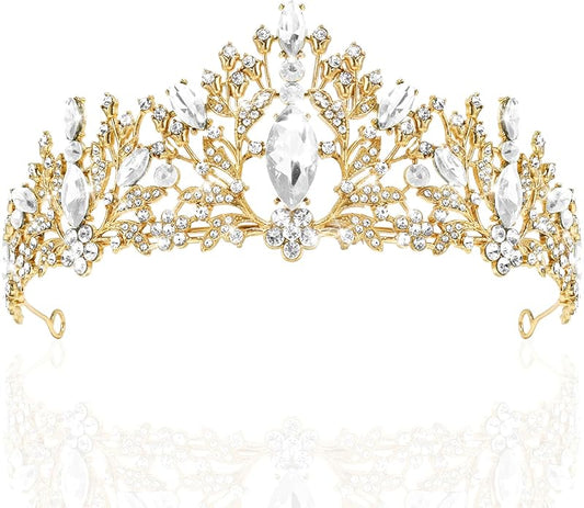 TAROSE Crowns for Women and Girls, Queen Crystal Gold Silver Tiaras with White Rhinestone and Combs, Goddess Crown for Wedding Bride Birthday Princess Bridal Shower Hair Accessories for Women