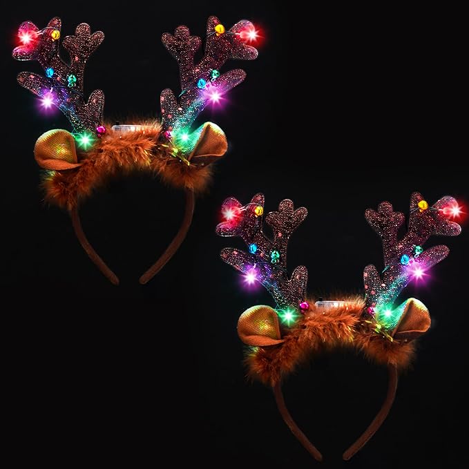 JOYIN Christmas 2PCS Reindeer Headband, Light-Up LED Antlers Reindeer Hat Holiday Headbands for Christmas Party Supplies and Holiday Parties Favors (ONE SIZE FITS ALL)