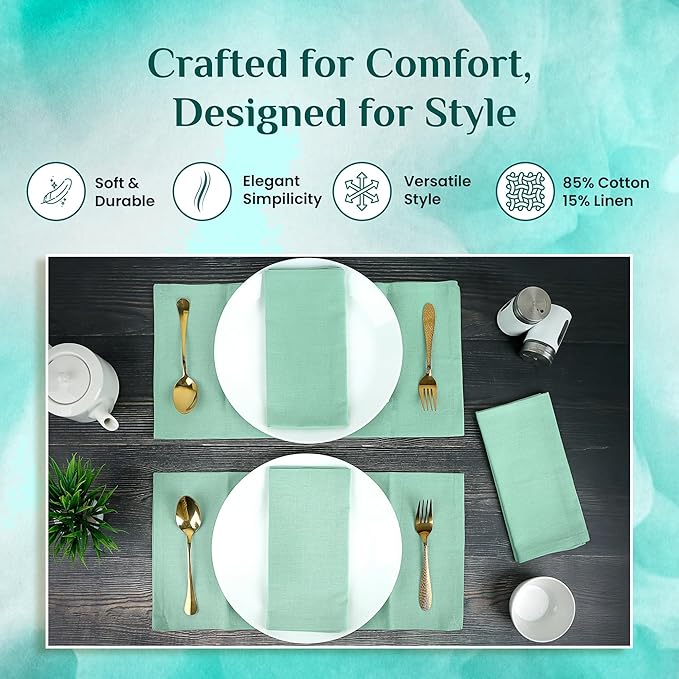 Cloth Napkins Set of 12 Cotton Linen 18x18 Inch - Soft Durable Washable - Ideal for Farmhouse Party Wedding Spring Summer Easter - Perfect Everyday Use Table Linen (Aqua Green, Pack of 12)