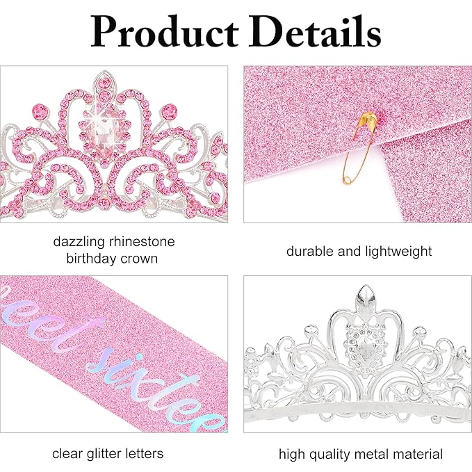 Sweet 16 Birthday Crown and Sash for Girls, Sweet 16th Sashes and Tiara Set, 16th Birthday Party Decorations for Women, Pink Accessories Gifts for Girls