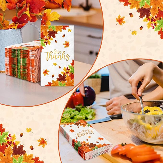 100Pcs Thanksgiving Napkins 3-Ply Disposable Fall Guest Paper Napkins for Thanksgiving Harvest Holiday Party,Give Thanks Autumn Maple Leaves Hand Paper Towels for Bathroom Kitchen Dinner Home Supplies