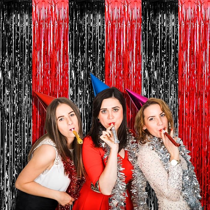 4 Pack 3.2Ft x 9.8Ft Black Red Foil Fringe Curtain Backdrop, Metallic Tinsel Foil Fringe Streamers Curtains for Photo Booth, Wedding, Casino Viva Las Vegas Game Night Birthday Party Decoration