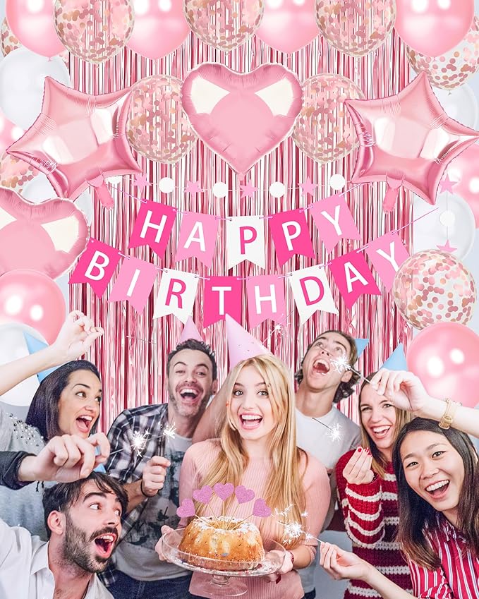 Pink Happy Birthday Party Decorations, Happy Birthday Banner, Pink Foil Heart Star Confetti Balloons Curtain Backdrop Hanging Swirls Butterfly Party Decor for Girls Women Princess