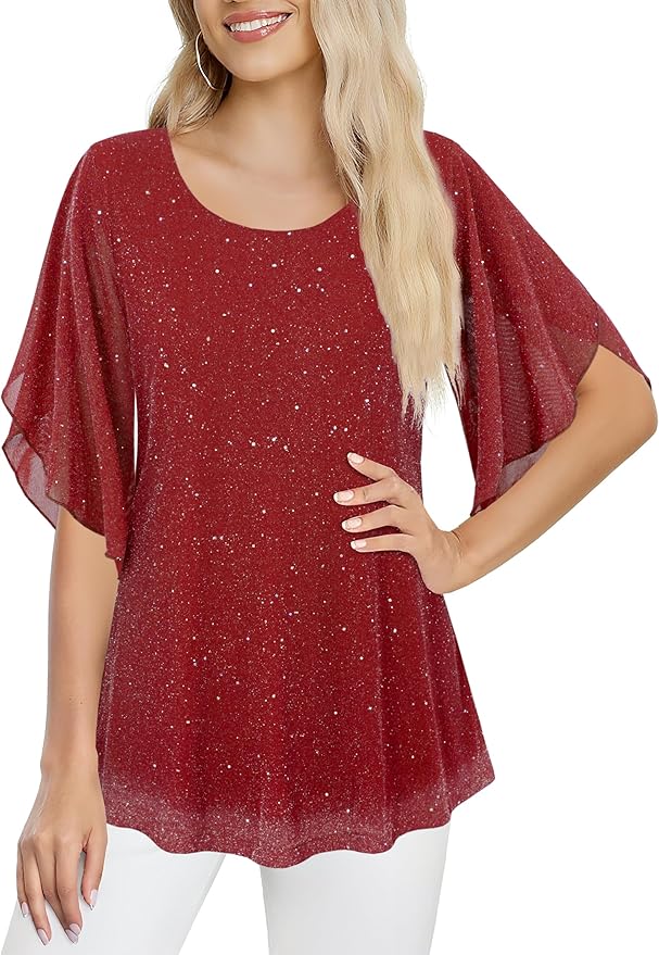 Ninedaily Women's Tops 3/4 Sleeve Blouses Dressy Casual Double Layers Mesh Tunic Shirts