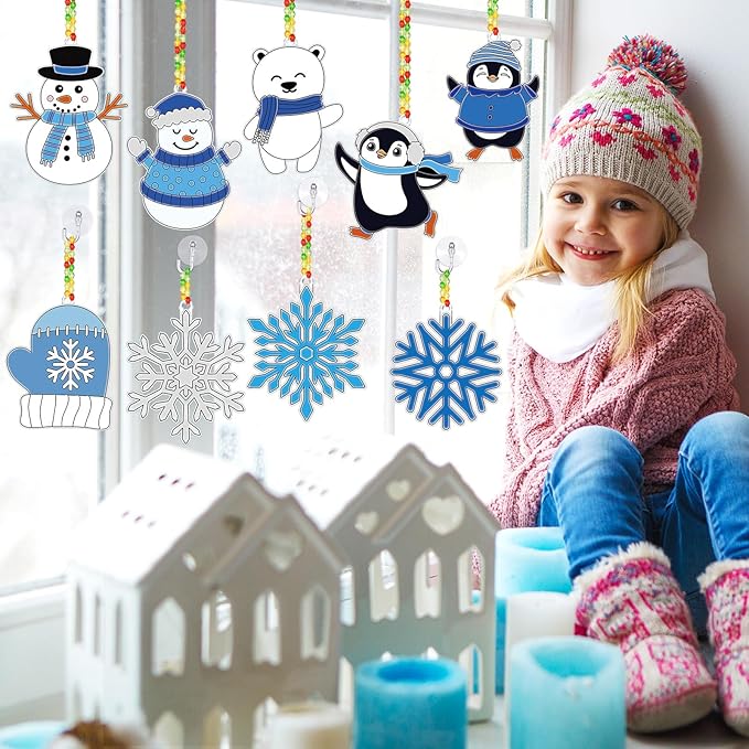 Capoda 36 Sets Snowflake Suncatchers Ornaments Decorations Snowman Suncatchers Craft Kits Hanging Sun Catchers Winter DIY Window Paint Art for Boys Girls Christmas Winter Home Party Activity
