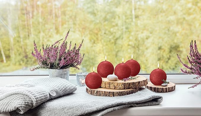 BOLSIUS 3 Pack Delicate Red Rustic Ball Pillar Candles - 3 Inch - Premium European Quality - Includes Natural Plant-Based Wax - Unscented Dripless Smokeless 25 Hour Party Décor and Wedding Candles