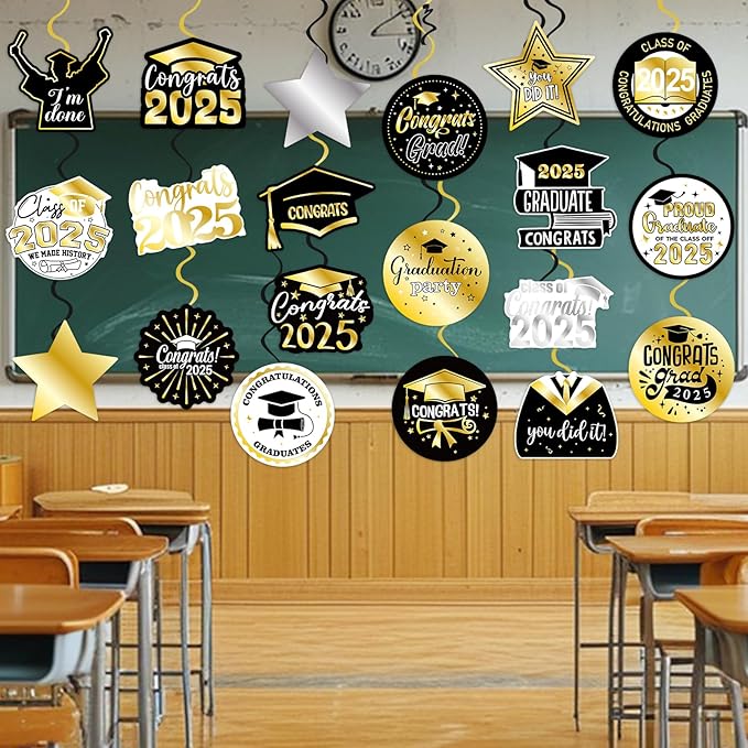 40Pcs Graduation Party Hanging Swirl Decorations, Black Glod Class of 2025 Congrats Grad Hanging Swirls Ceiling Decorations for 2025 Graduation Party Decor Supplies