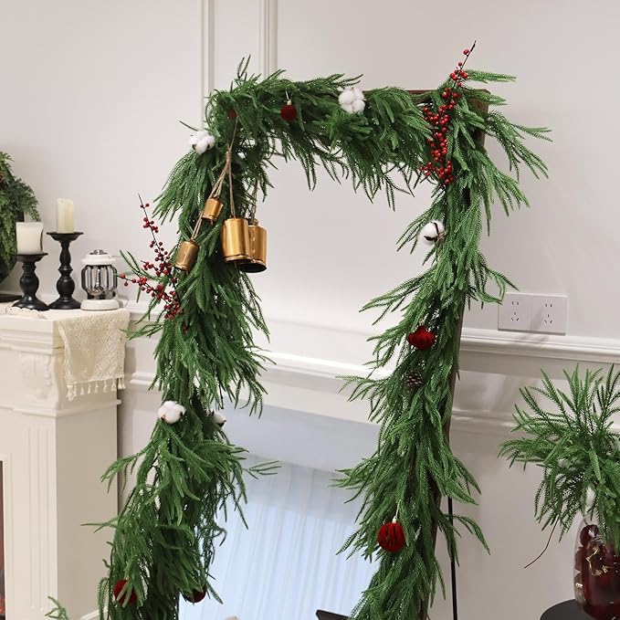 Senjie Christmas Garland Norfolk Pine Garland Real Touch Artificial Greenery Garland for Mantle Fireplace Table Indoor Outdoor Holiday Decortions 5FT 2PCS