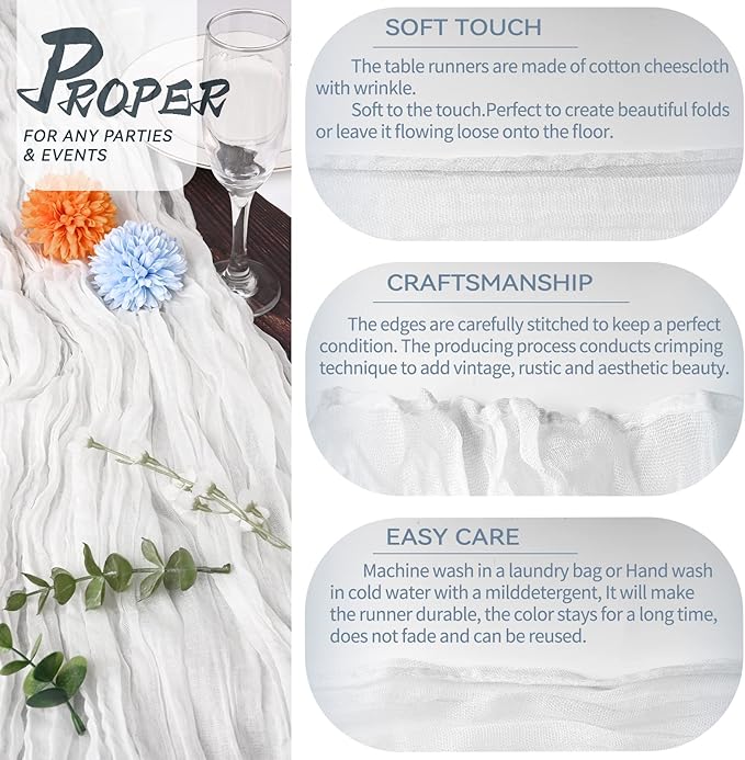 3 Packs White Cheesecloth Table Runner, 10Ft x 35" Rustic Gauze Boho Wedding Table Runner Decoration, Wedding Table Decor Table Cloth for Wedding Party Bridal Shower Table