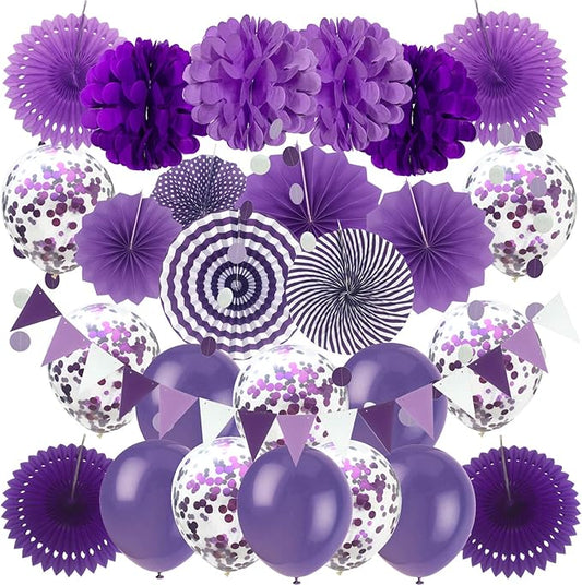 ZERODECO Party Decorations, Purple Confetti Balloons Decorative Folding Fans Paper Pompoms Triangle Bunting Flags Garlands for graduation Wedding Birthday Baby Shower Mermaid Party Decorations