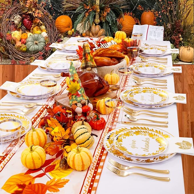 YOUBET 175PCS Thanksgiving Plastic Plates - Thanksgiving Gold Disposable Plates - Fall Plastic Plate Include 50 Plate, 25forks, 25Knives, 25Spoons, 25 Napkins, 25Cups for Fall Party
