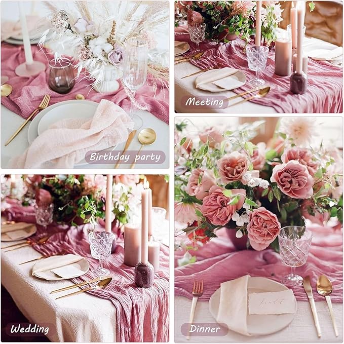 12 Pack Dusty Rose Table Runner, 35x120 Inch Pink Cheesecloth Table Runner with Wrinkle 10ft Long Boho Rustic Gauze Sheer Cheese Cloth for Wedding Party Bridal Baby Shower Table Decor