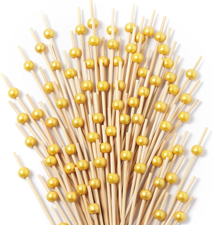 CATIFLIN 300PCS Gold Pearl Cocktail Picks, 4.7" Bamboo Toothpicks for Appetizers, Fancy Food Sticks for Party, Wedding, Charcuterie, Fruit, Dessert, Drinks, Buffet Decor