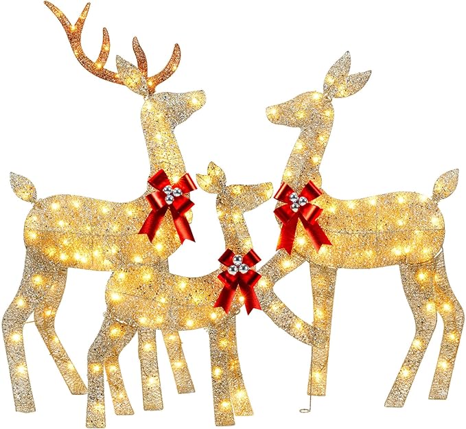 YULETIME 3-Piece Pre-lit 2D Christmas Reindeer Family, Lighted Glitter Christmas Deer Holiday Decoration with Warm White LED Lights
