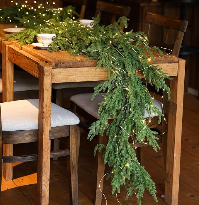 Premium 30% Fuller 2Pack 6 Ft Artificial Norfolk Pine Garlands with Lights, Real Touch Winter Pine Garland, for Staircase, Table, Mantle, Wall, Indoor, Outdoor Christmas Decorations, Flower Arranging