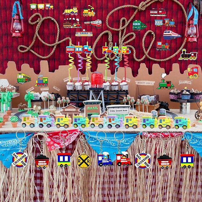 Train Party Favors 122PCS Slap Bracelets DIY Stickers Drinking Straw Keychains Pull-back Vehicle for People Car Theme Birthday Party Car Theme Birthday Party