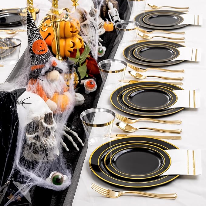 GATHER 350PCS Black Plastic Plates - Disposable Dinnerware Set Include 100PCS Black and Gold Plastic Plates, 150 Silverware, 50 Napkins, 50 Cups for Party & Wedding & New Year