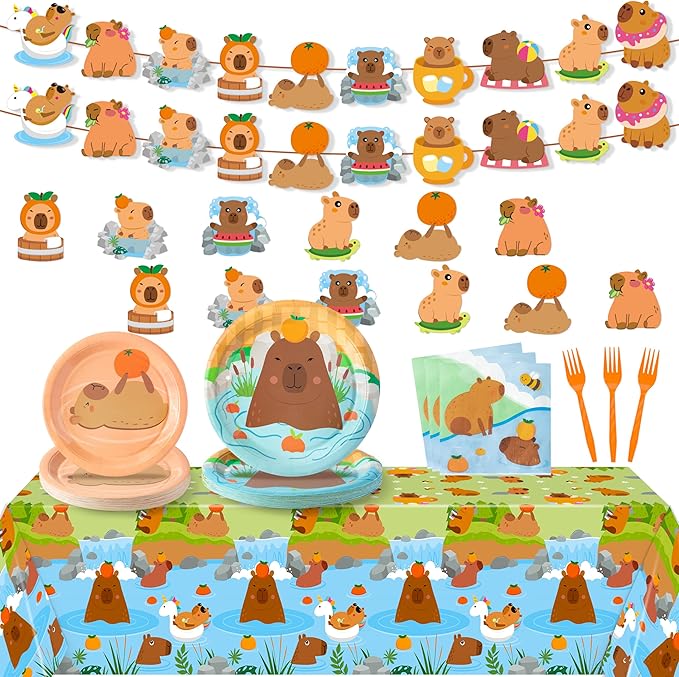 Capybara Party Decoration - Serves 24 - 112Pcs Cute Cartoon Capybara Party Supplies, Animal Orange Disposable Plate Napkin Forks Tablecloth Banner Card, for Kids Birthday Baby Shower