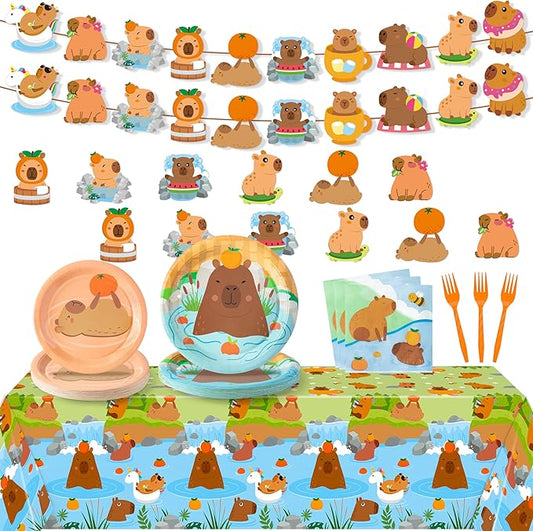 Capybara Party Decoration - Serves 24 - 112Pcs Cute Cartoon Capybara Party Supplies, Animal Orange Disposable Plate Napkin Forks Tablecloth Banner Card, for Kids Birthday Baby Shower