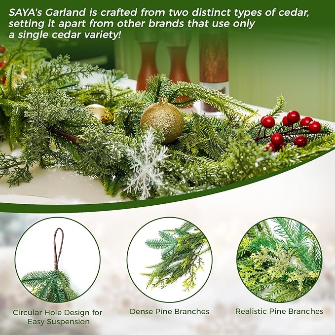 6 Ft Christmas Cedar Garland, Real Touch Pine Garlands, Artificial Realistic Faux Greenery Garland for Xmas Home Fireplace Wall Indoor Outdoor Christmas Decorations (Eriksson Cypress, 6 FT)