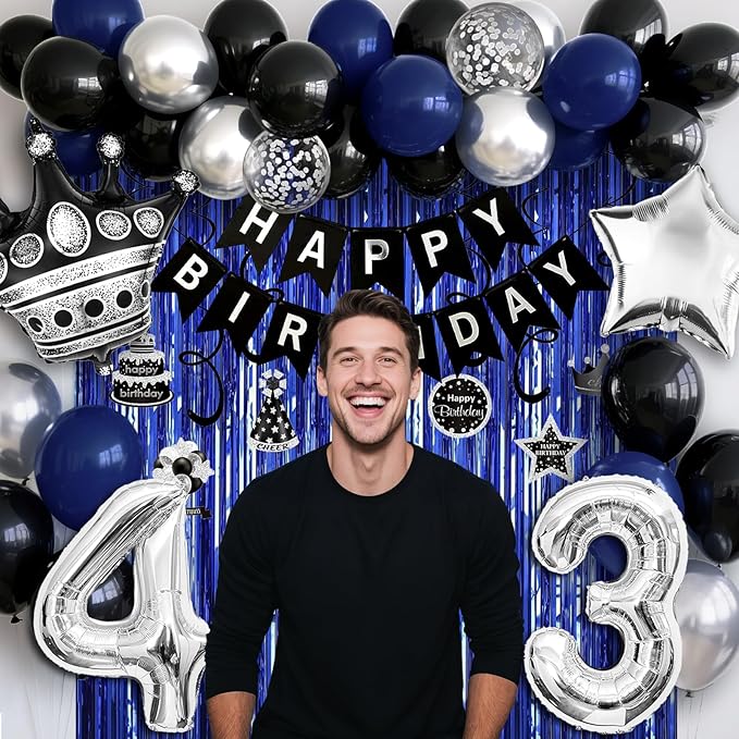 43rd Birthday Decorations for Men and Women, Black Blue Silver Happy Birthday Number 43 Balloons, Banner, Fringe Curtains Garland Kit - 43 Year Old Party Supplies