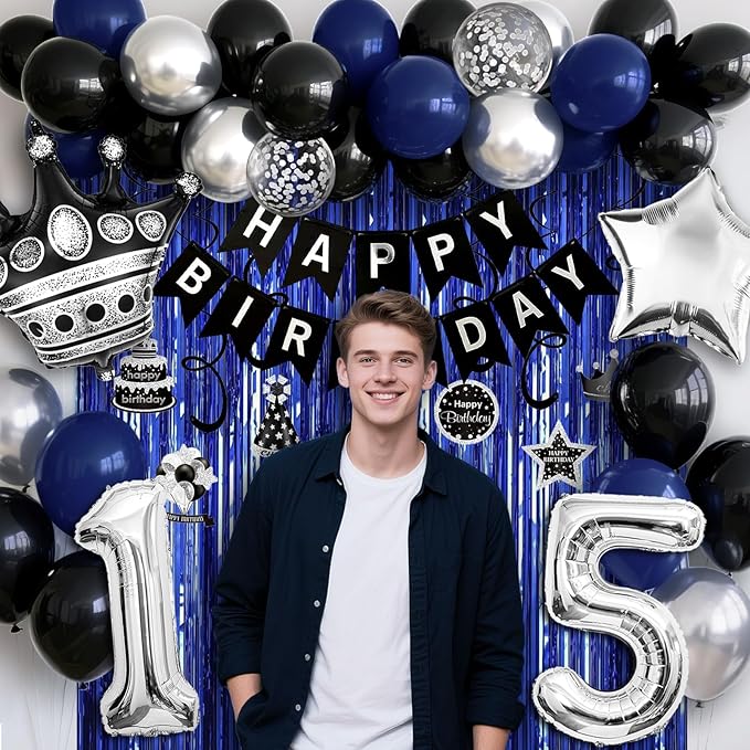 15th Birthday Decorations for Boys and Girls, Black Blue Silver Happy Birthday Number 15 Balloons, Banner, Fringe Curtains Garland Kit - 15 Year Old Party Supplies